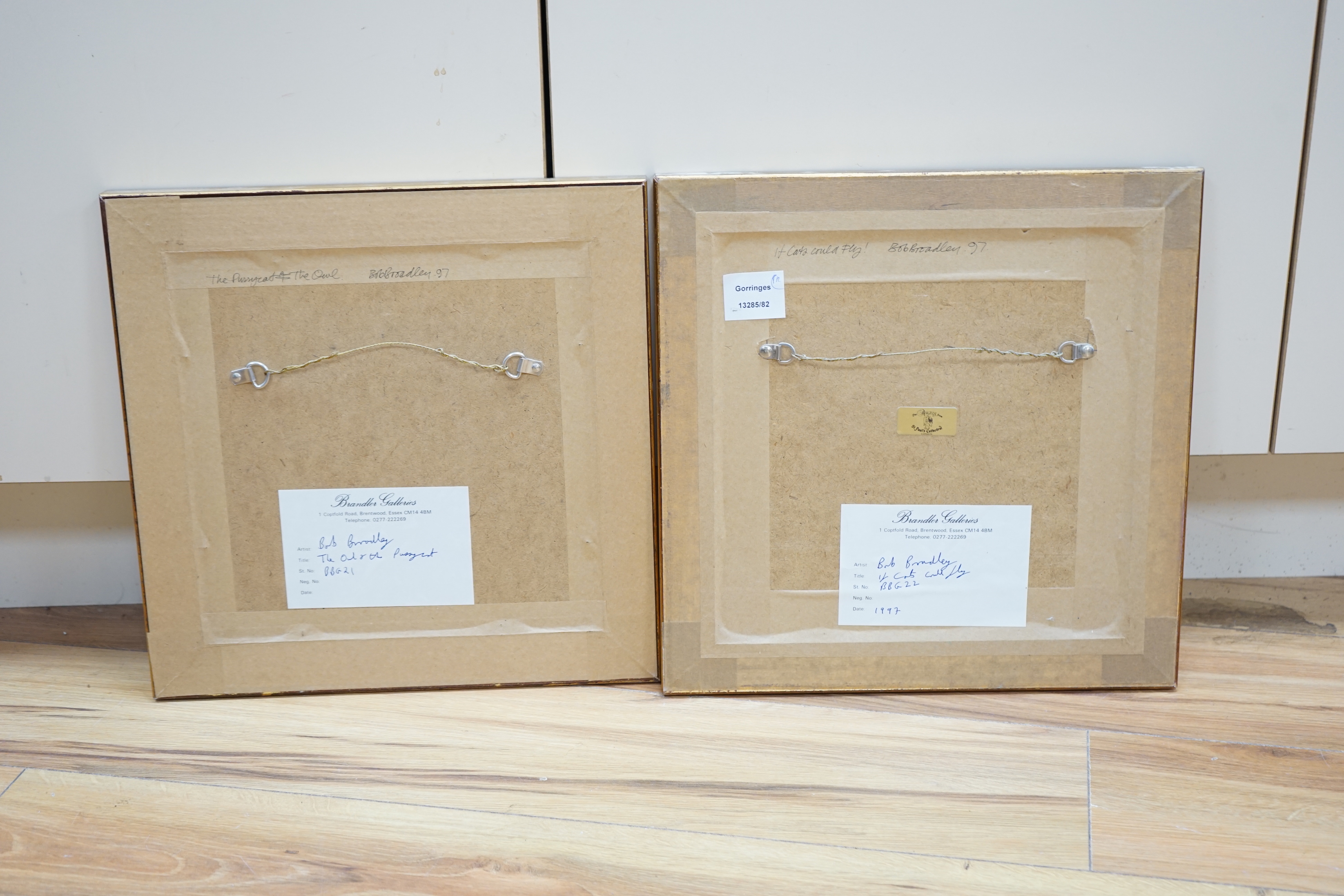 Bob Broadley (b.1939), pair of mixed medias, 'If cats could fly' and 'The owl and the pussy cat', each signed and dated '97, inscribed gallery labels verso, each 20 x 20cm